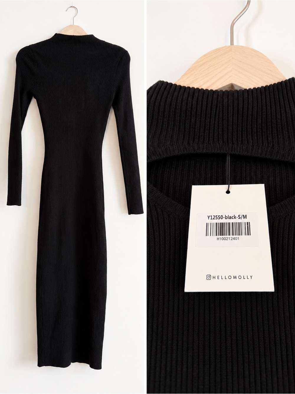 Hello Molly Black Ribbed Midi Dress – S/M NWT